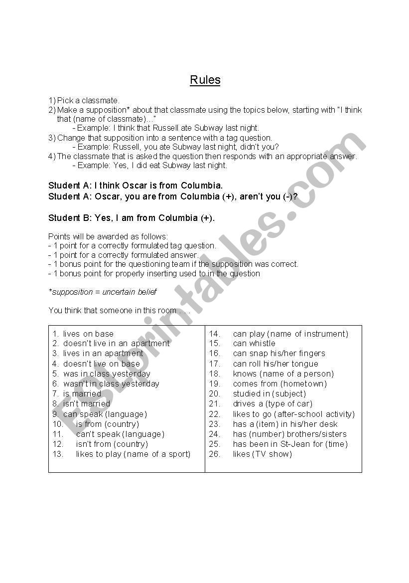 Tag Question Game worksheet