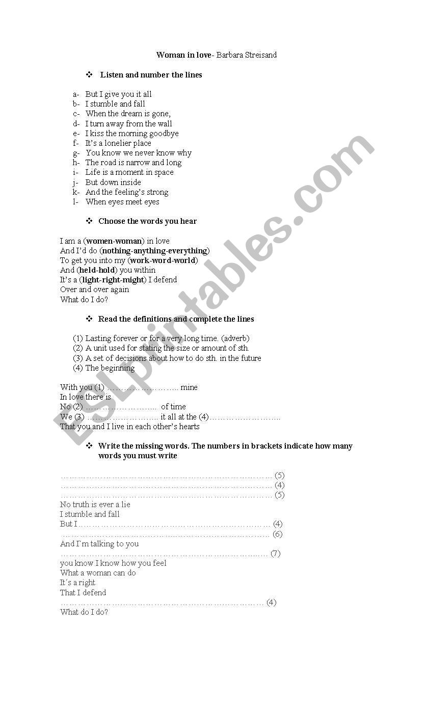 SONG: Woman In Love worksheet