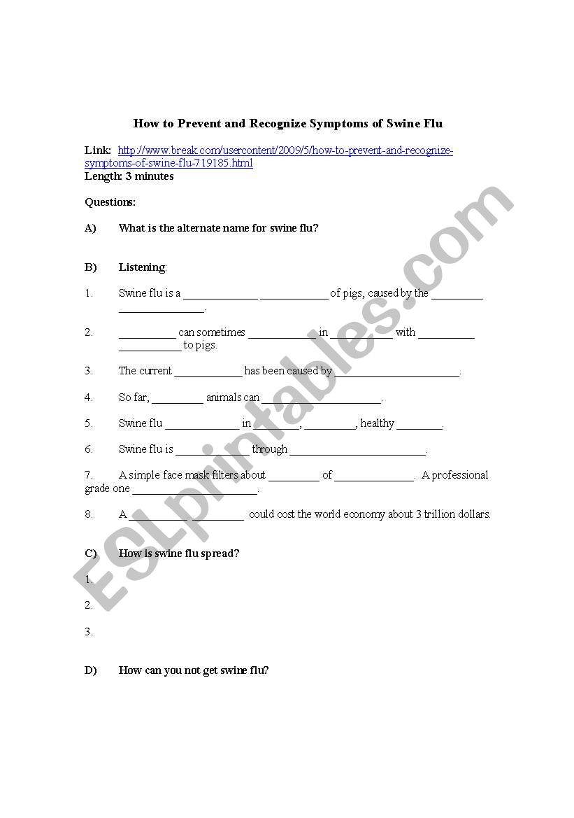 Swine Flu worksheet