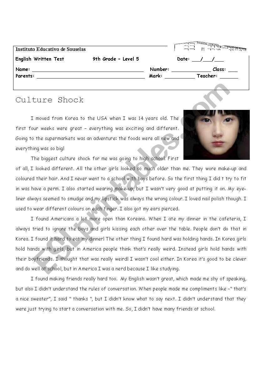 Culture Schock worksheet