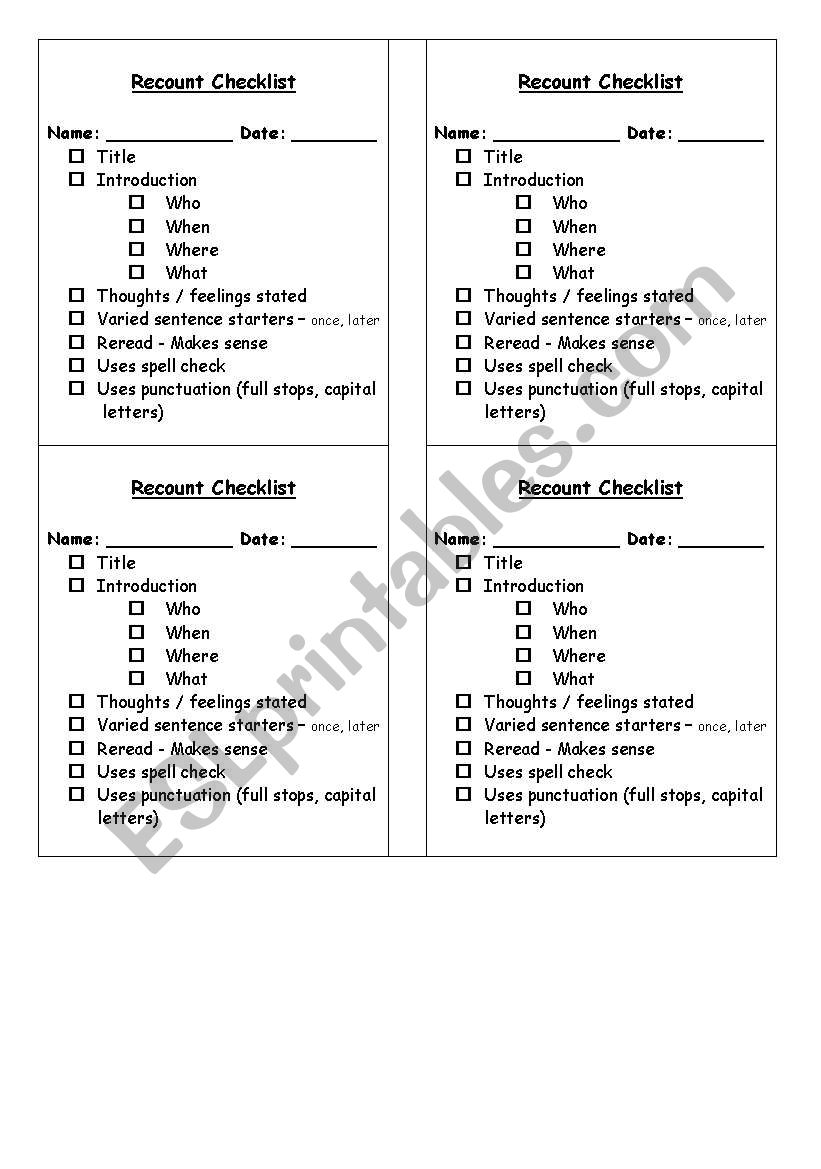 Writing a recount , checklist worksheet