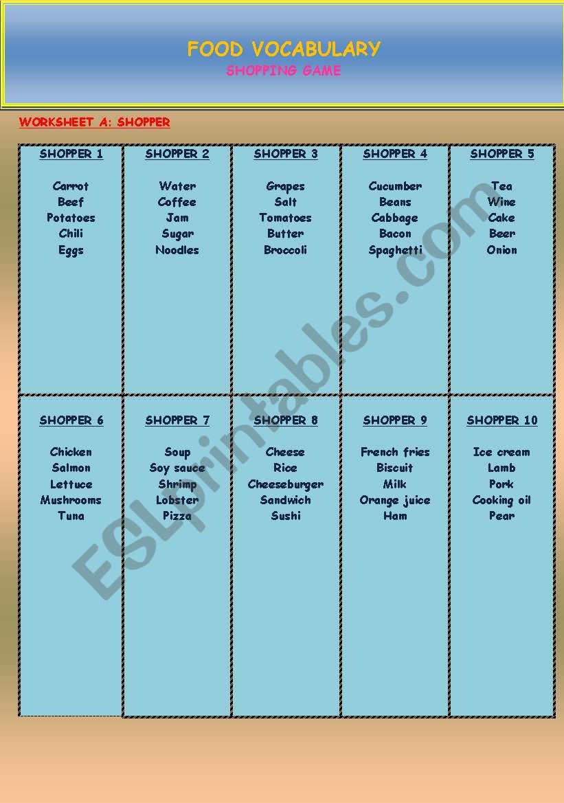 Food vocabulary game worksheet