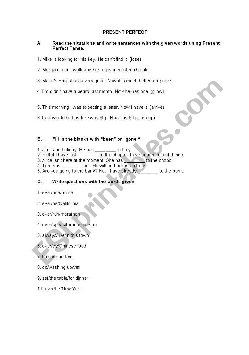 present perfect worksheet