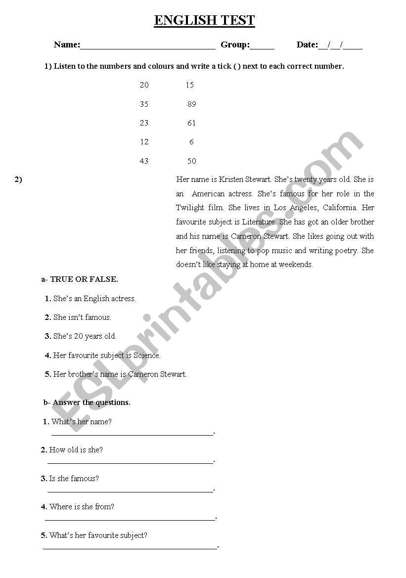 basic english test worksheet