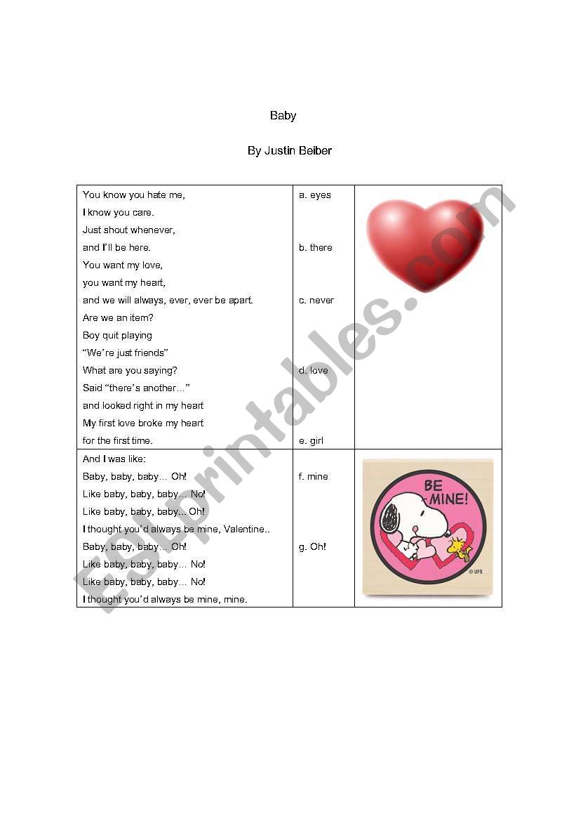 Baby by justin Bieber worksheet