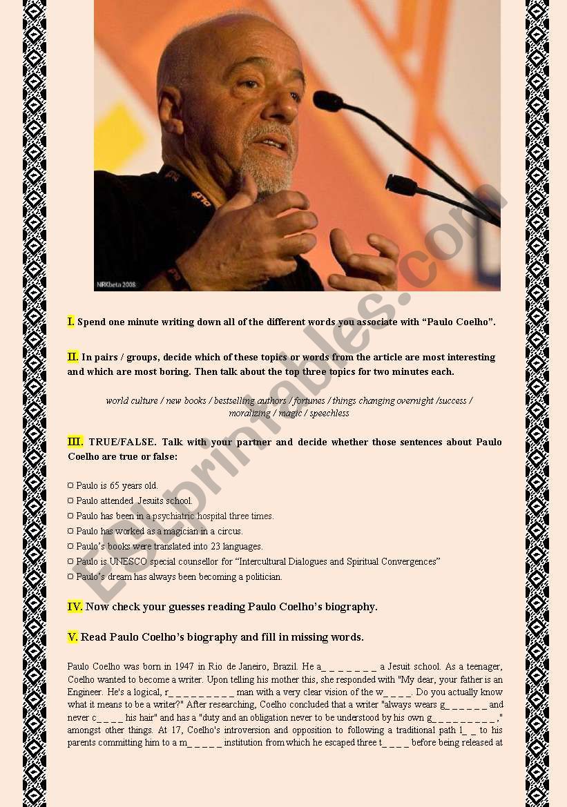 PAULO COELHO text-based activity (fully editable, included answer key)