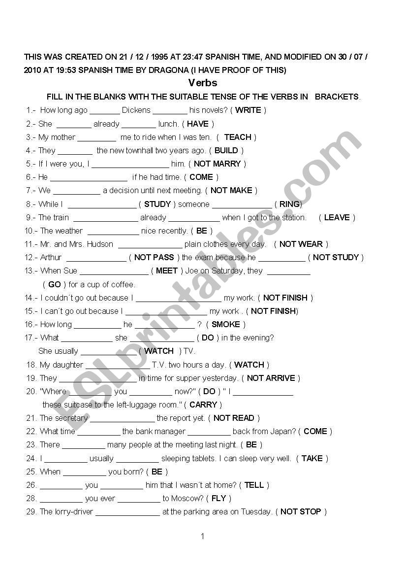 Revision of the Tenses worksheet