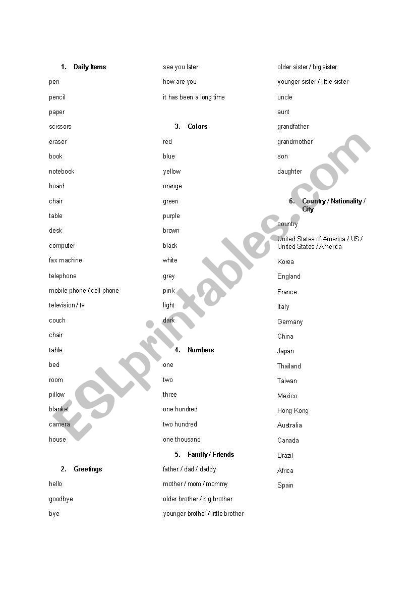 Vocabs to remember worksheet