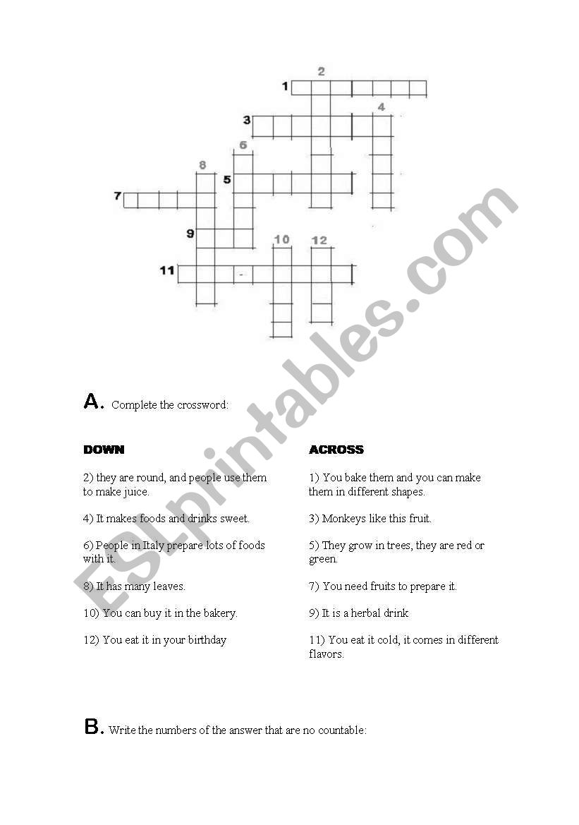 food crossword worksheet