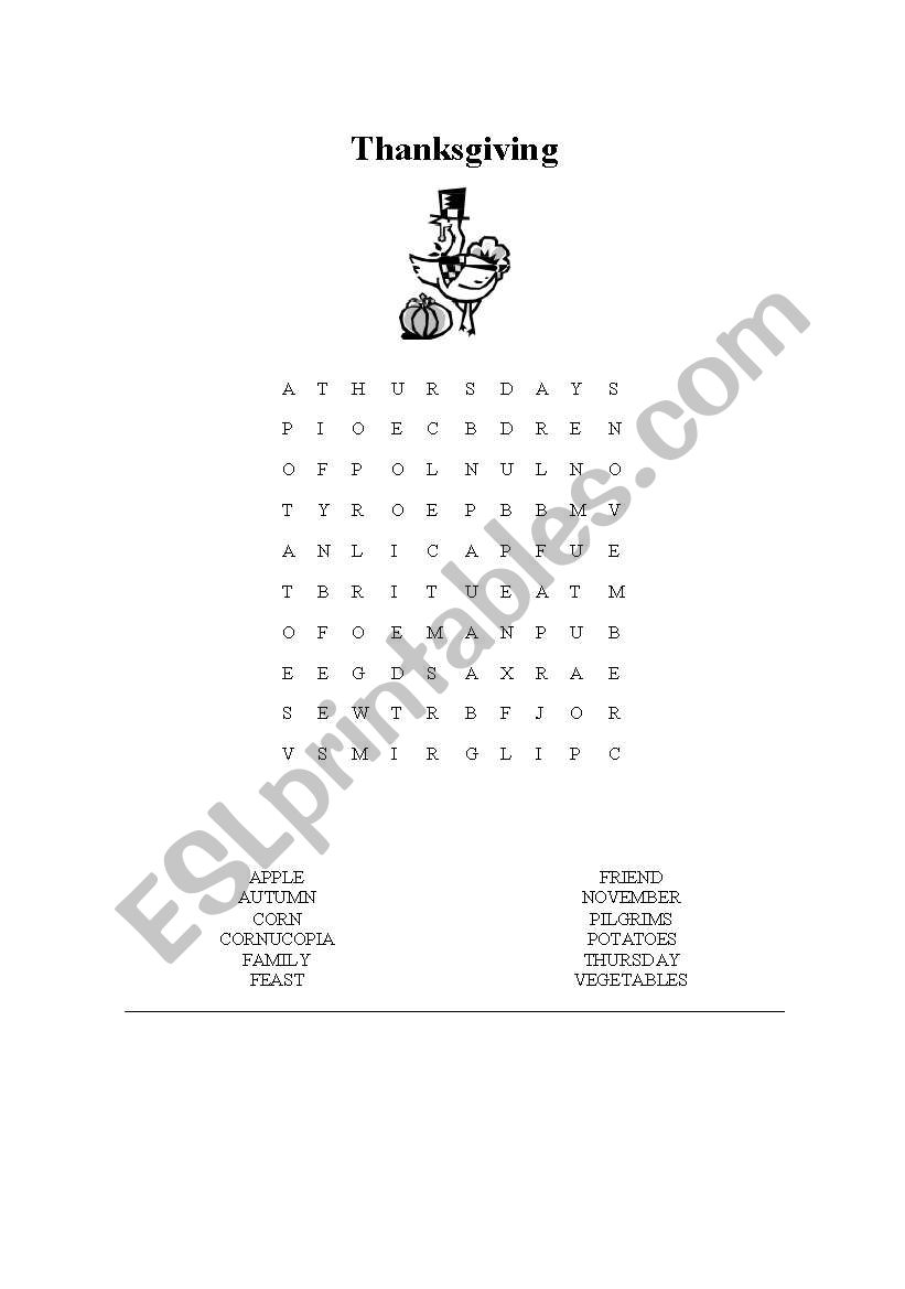 Word search - Thanksgiving worksheet