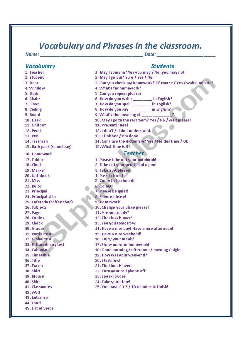 Vocabulary and Phrases in the classroom