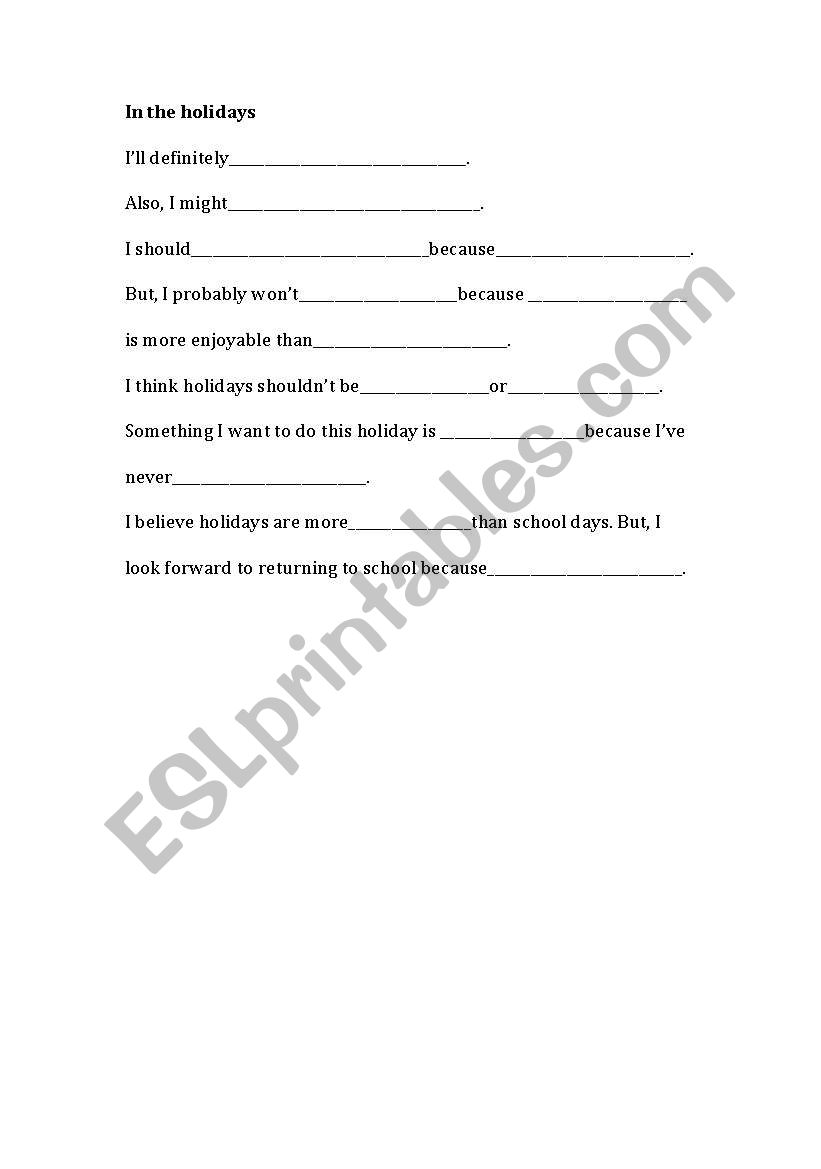 In the holidays worksheet