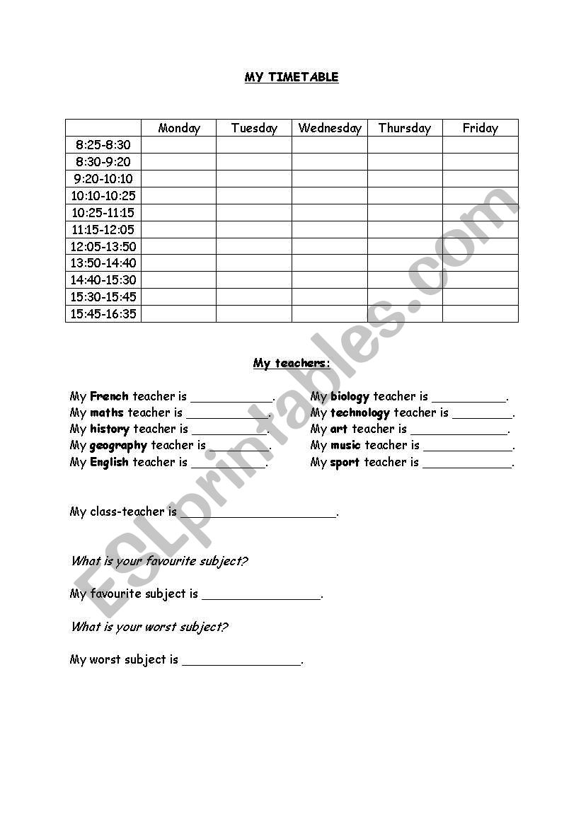 my timetable worksheet