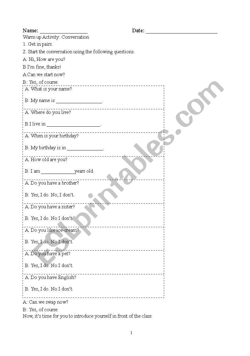 Pair work worksheet