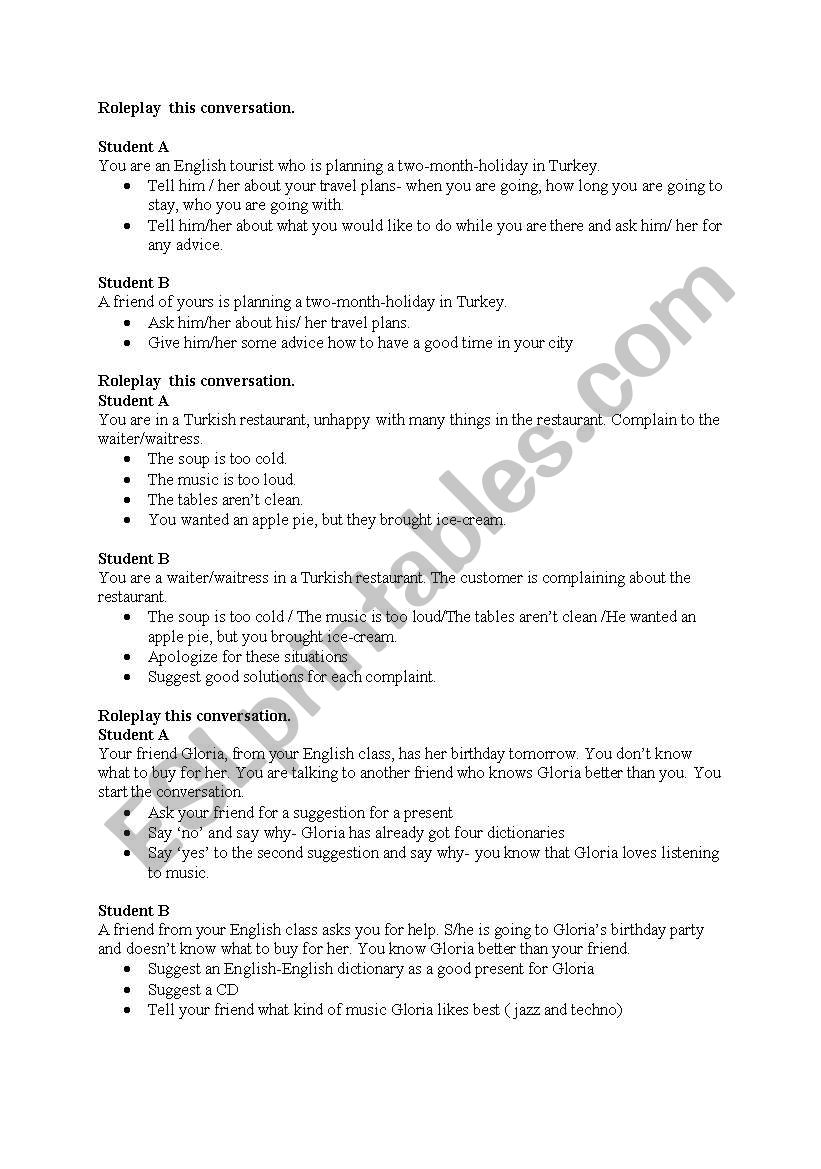Role-play ideas worksheet