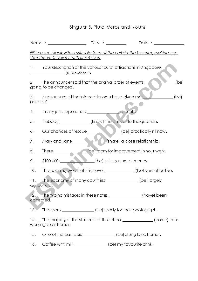 Singular & Plural Verbs worksheet