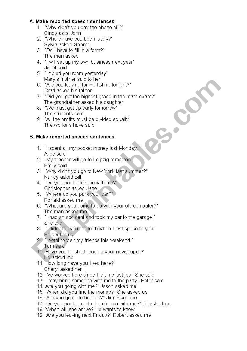 Reported Speech Worksheet worksheet