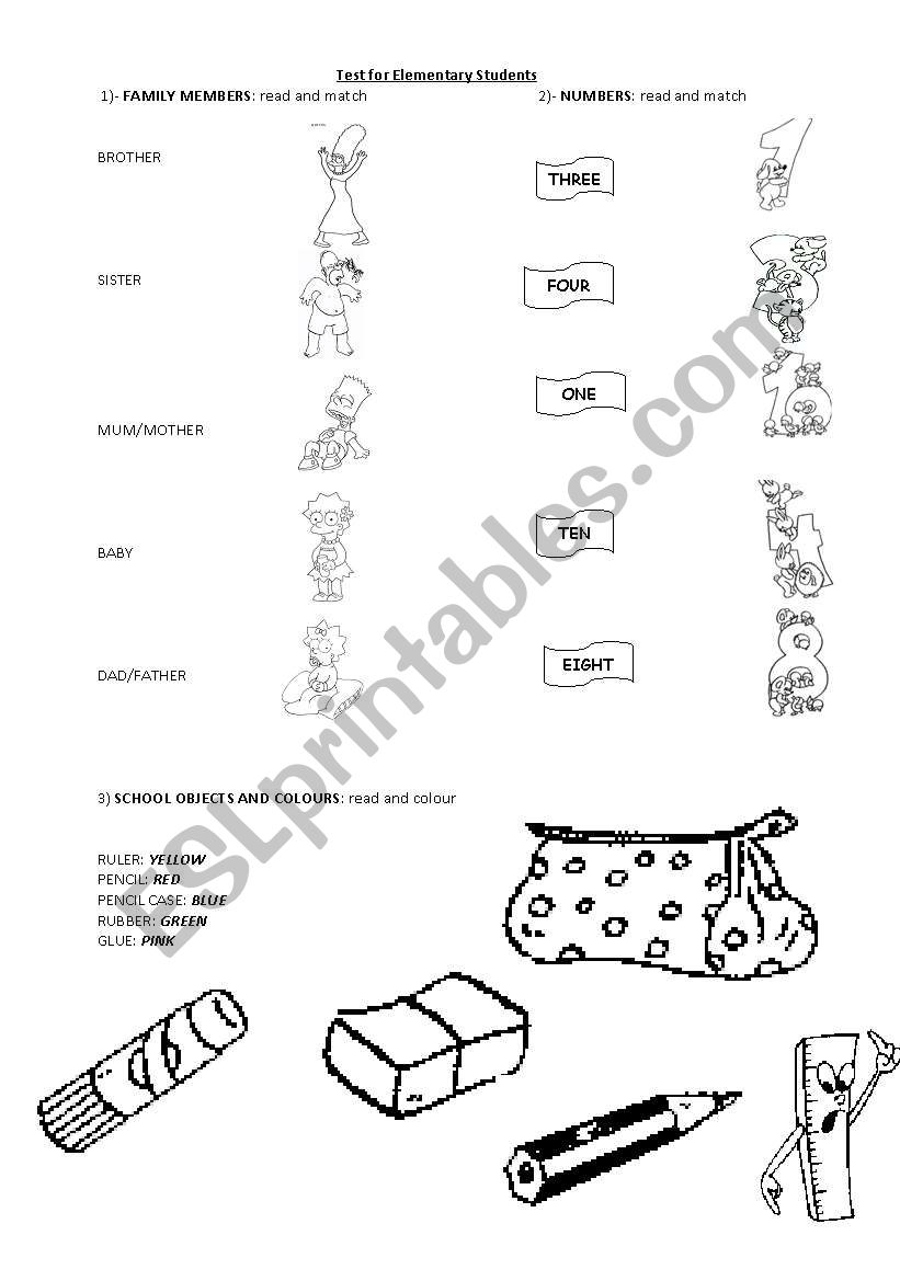 Test: family, numbers and school objects