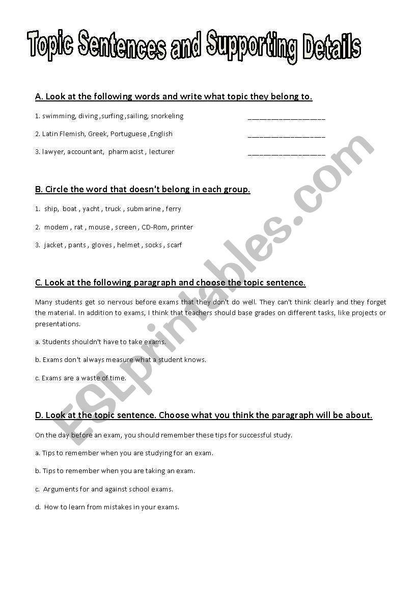 Topic Sentences And Supporting Details part 2 7 Pages ESL Worksheet By Debbiem
