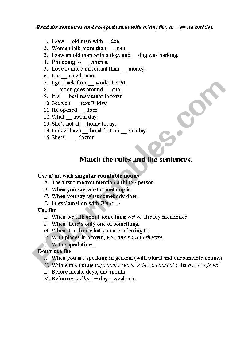 articles worksheet