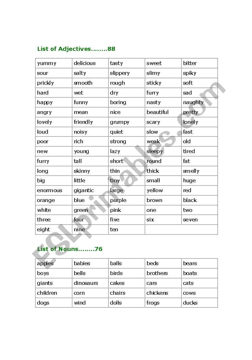 Adjectives, nouns, verbs and adverbs