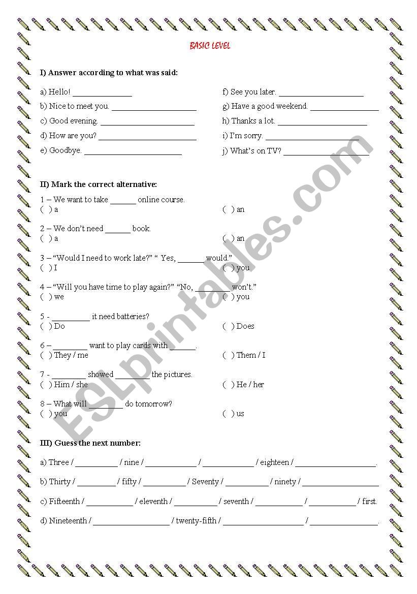 A review for beginners worksheet
