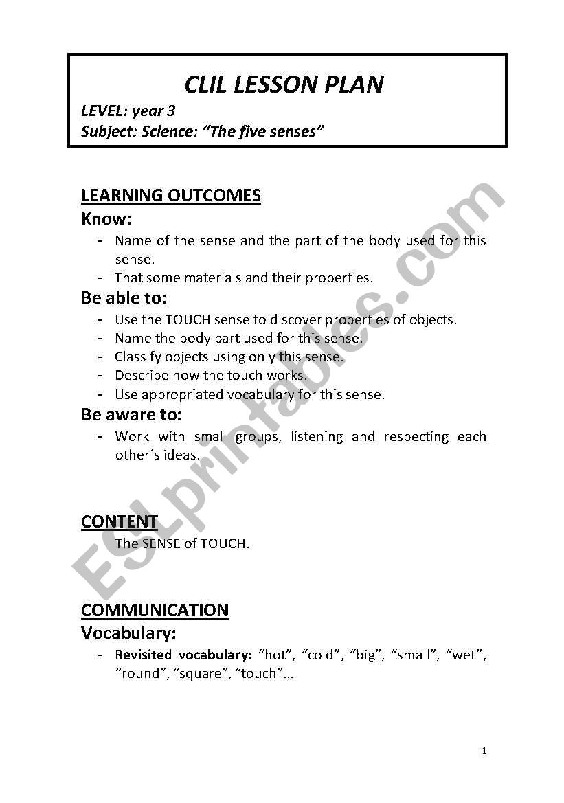 CLIL Lesson Plan for the TOUCH sense