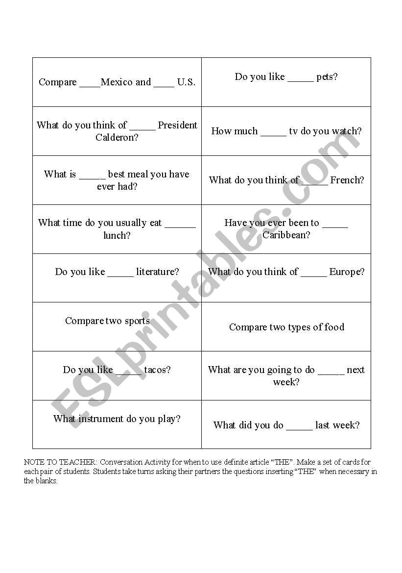 Conversation Cards to practice the definite article THE