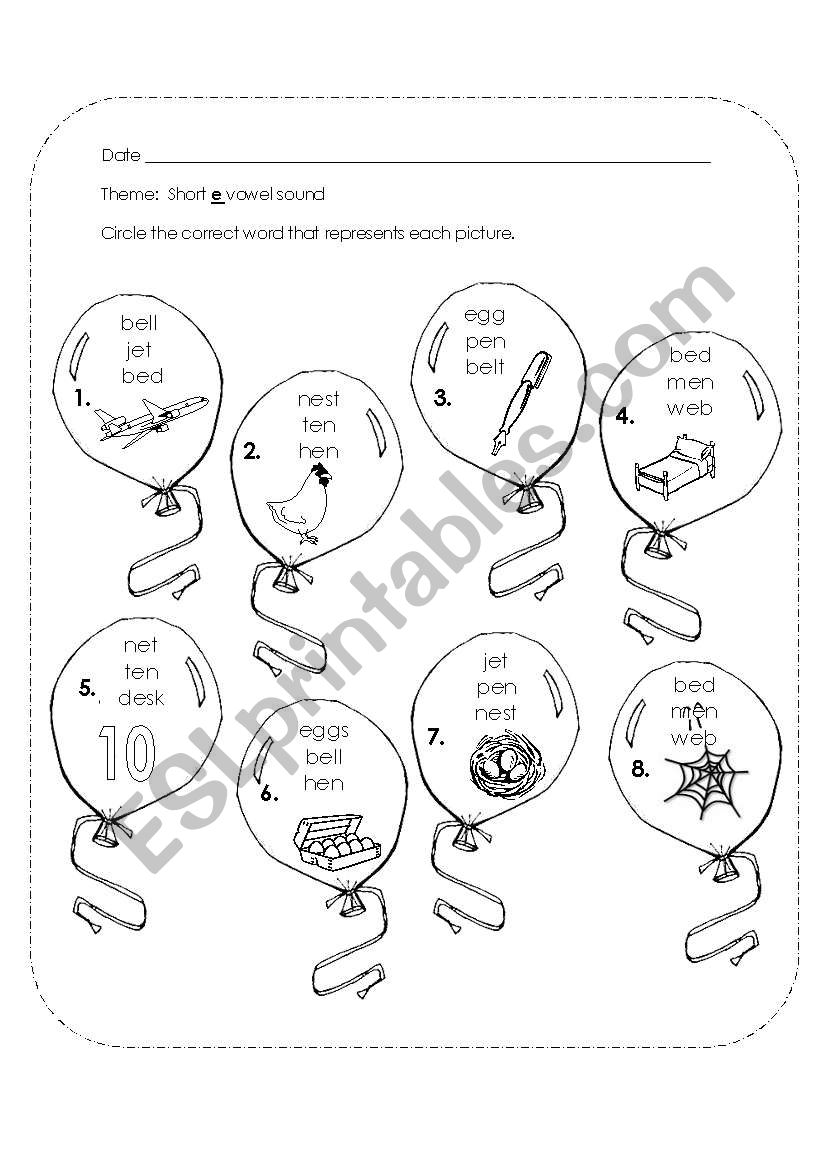 short e balloons worksheet