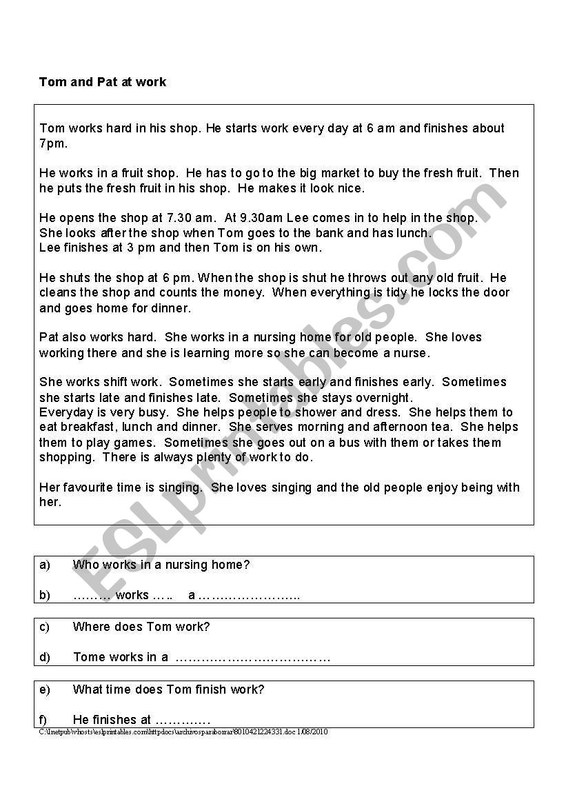 Tom amd Pat at Work worksheet