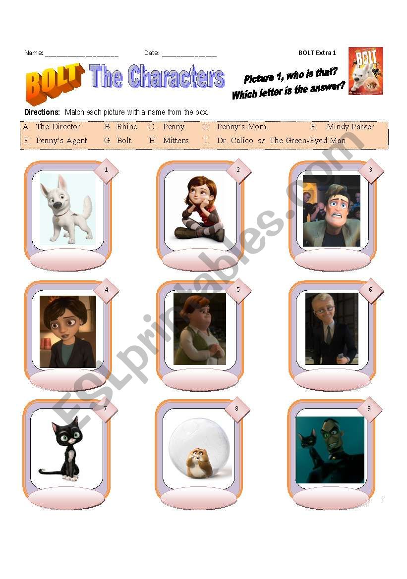 Bolt Extra1 The Characters worksheet
