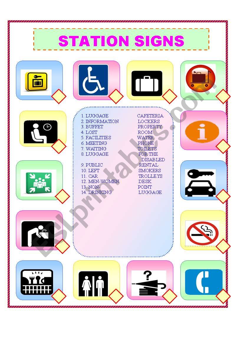 AT THE STATION/SIGNS/MATCHING worksheet