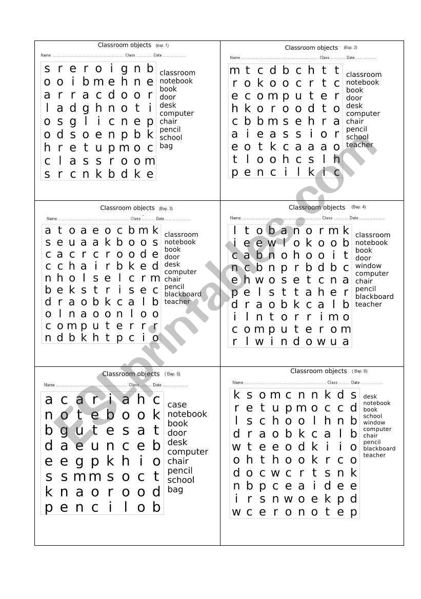 Classroom objects worksheet