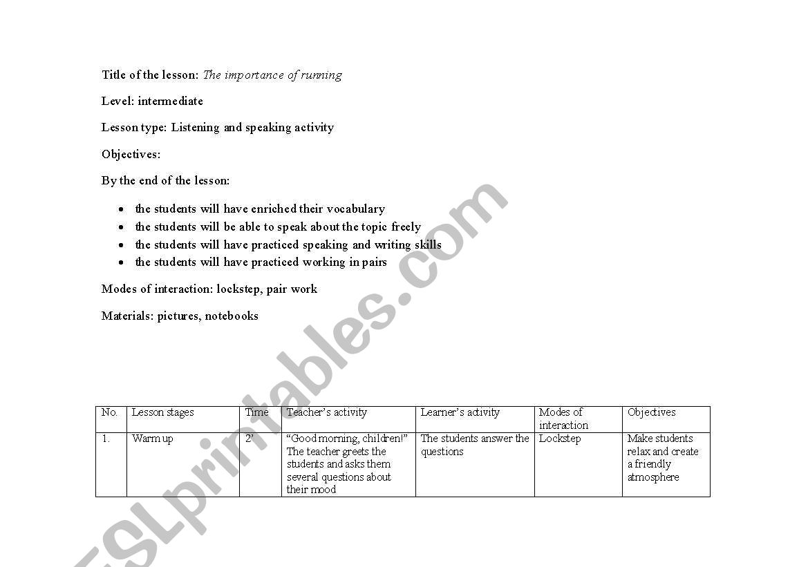 Integrated Skills Lesson Plan - The Importance of Running