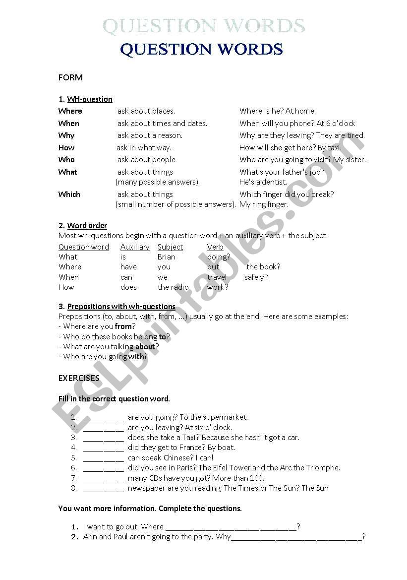 Question words and tags worksheet