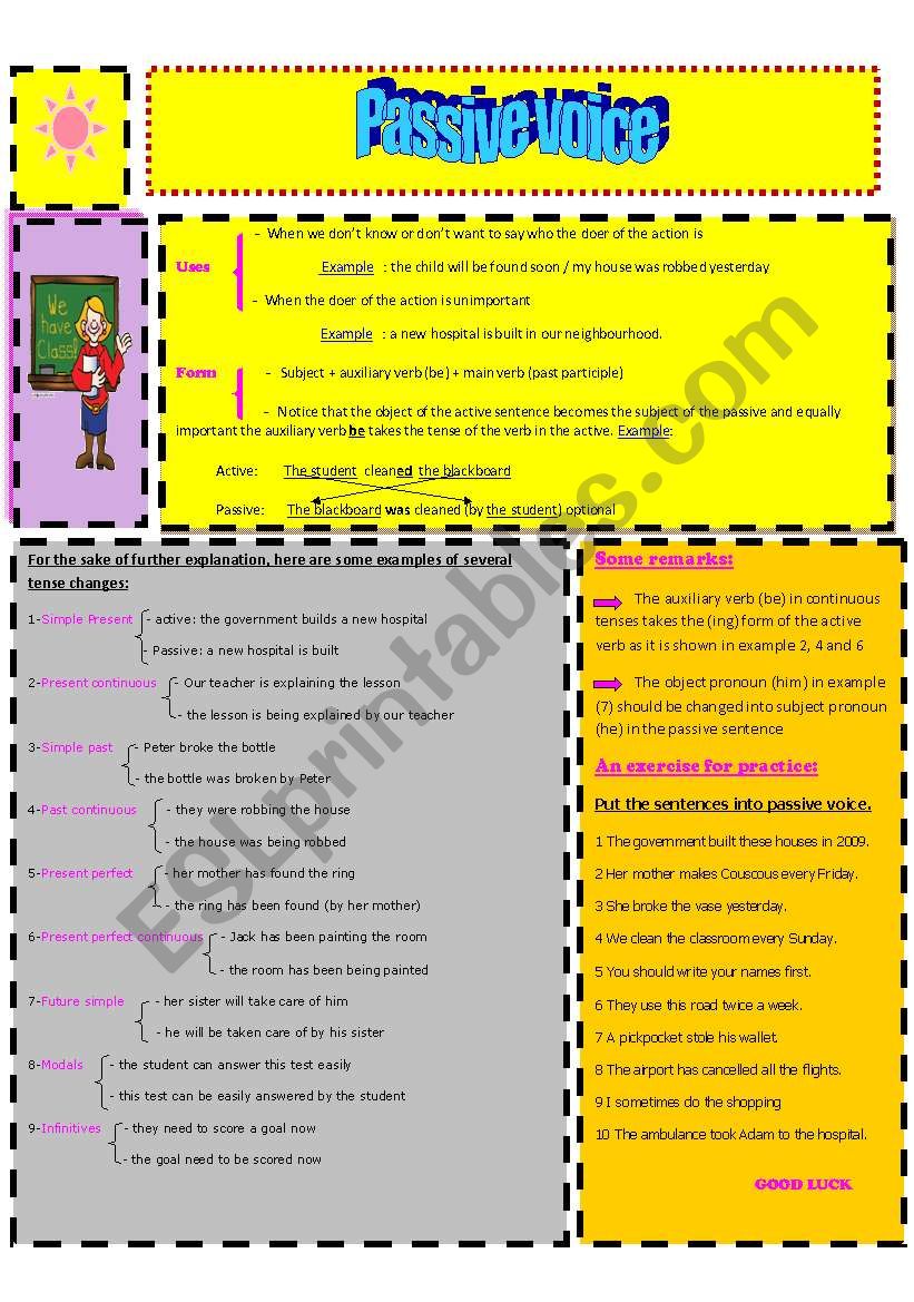 Introducing the basic rules of passive voice to upper elementary and intermediate students besides an exercise for practice+key( B&W version included