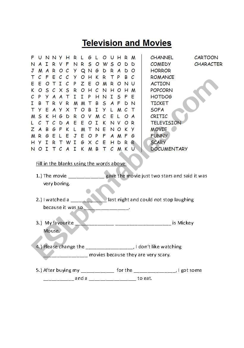 Television & Movies - vocabulary and writing (worksheet + lesson plan)