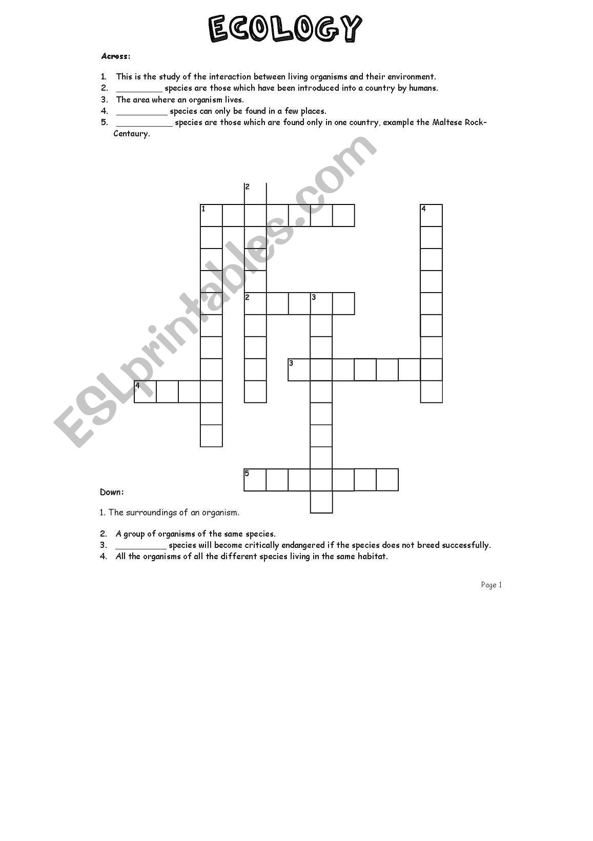 ecology crossword worksheet