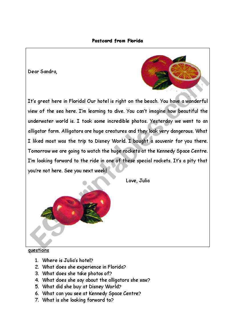 Postcard from Florida worksheet