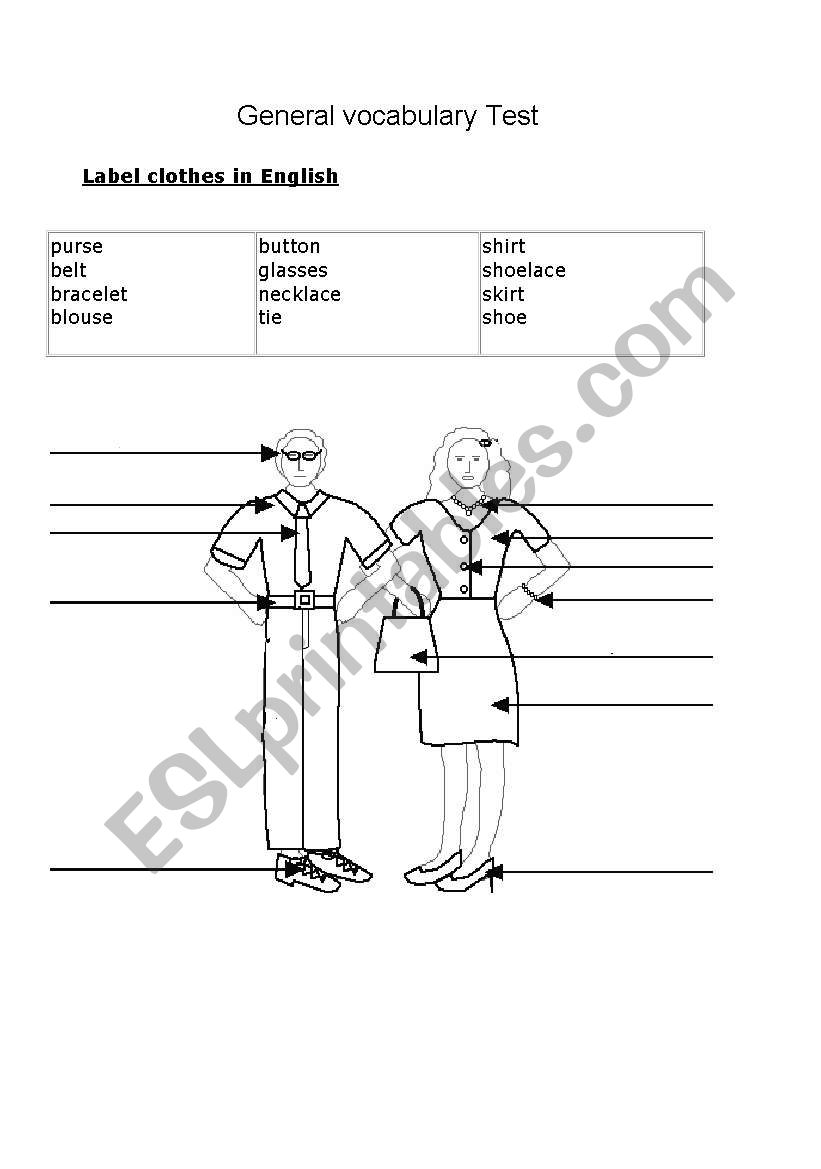 General vocabulary test worksheet