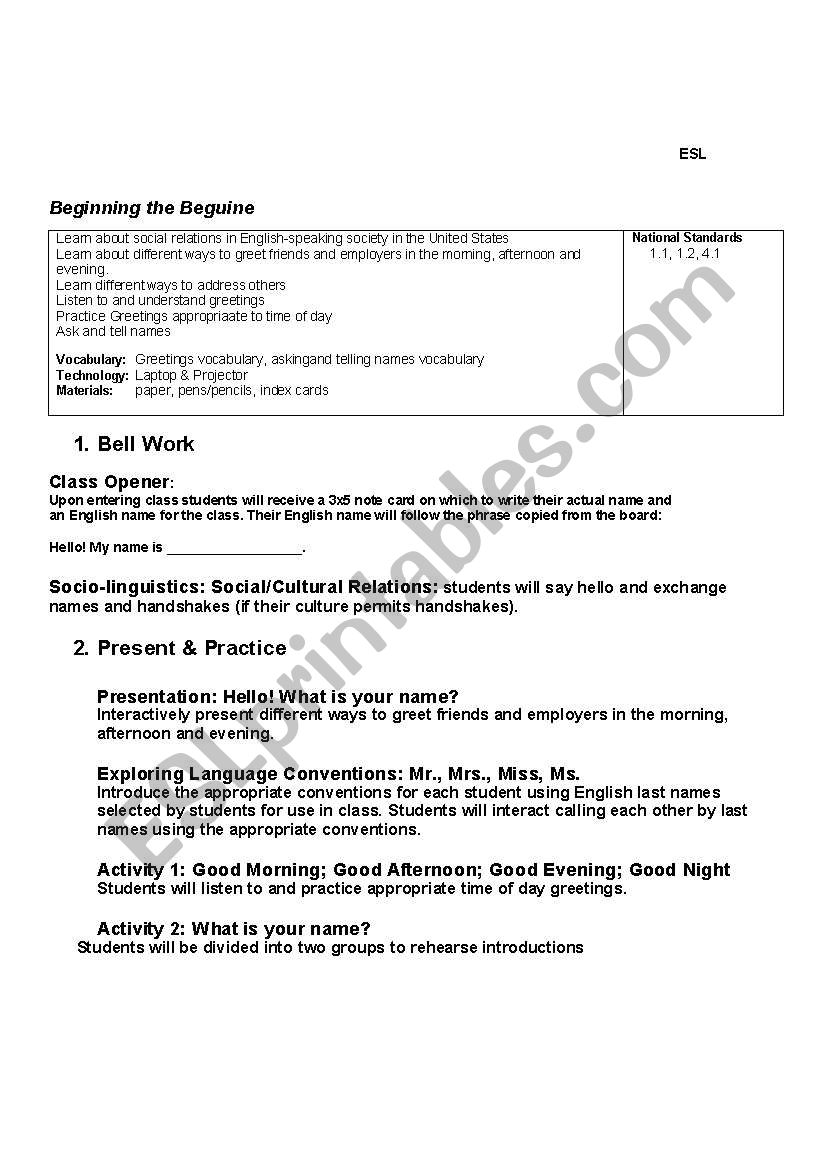 Begin the Beguine: Greetings worksheet