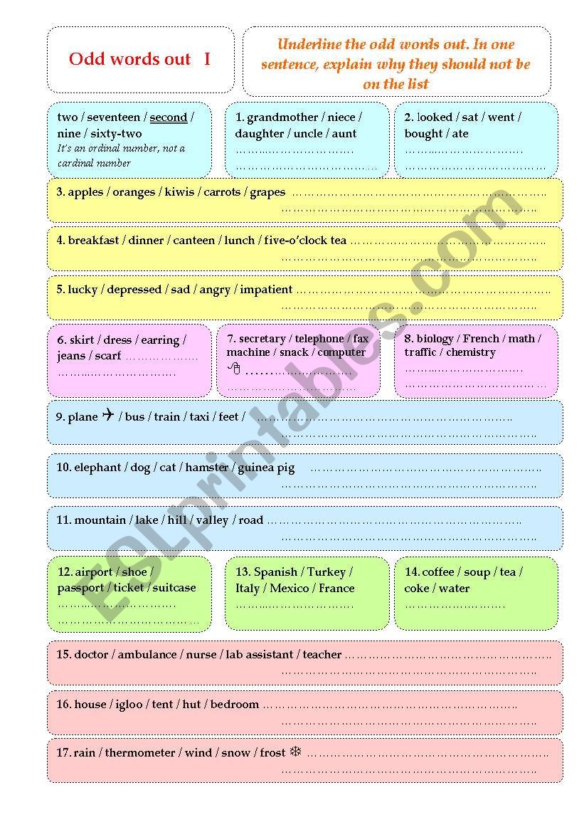 *** ODD   ONE   OUT I  *** worksheet