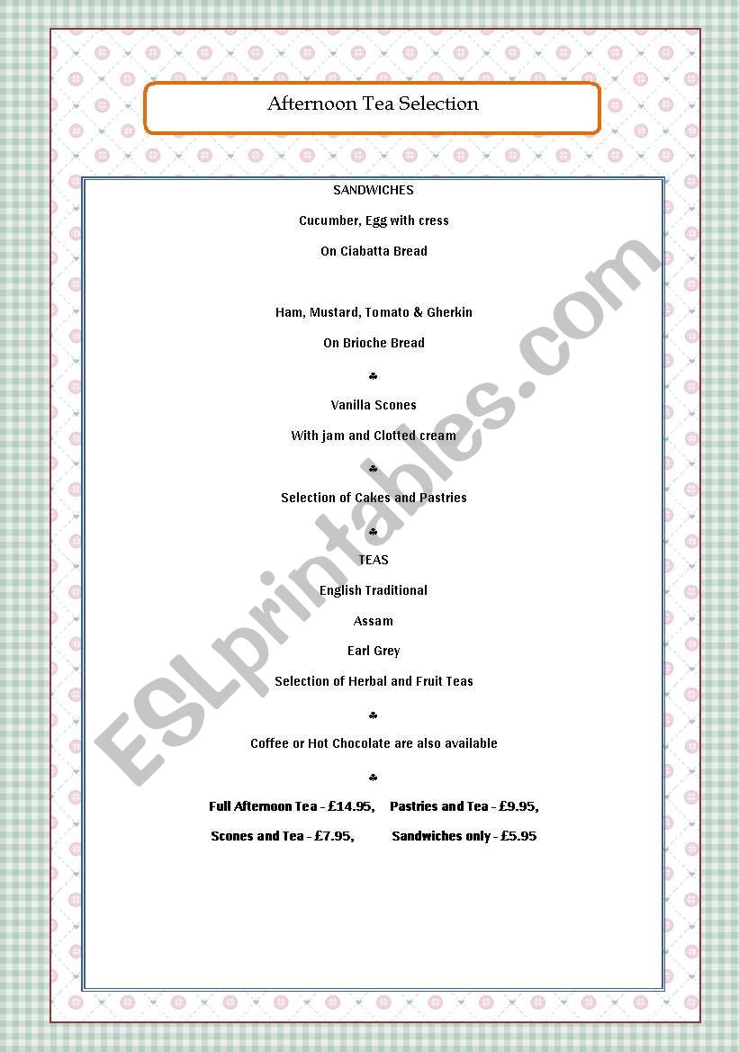 Afternoon Tea Menu worksheet