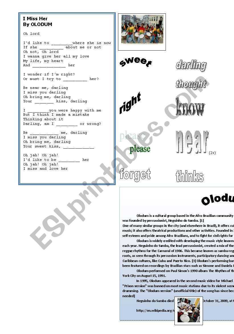 SONG: I MISS HER by OLODUM worksheet