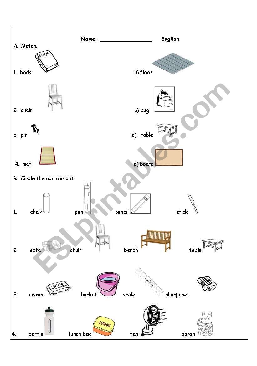 English classroom vocabulary worksheet