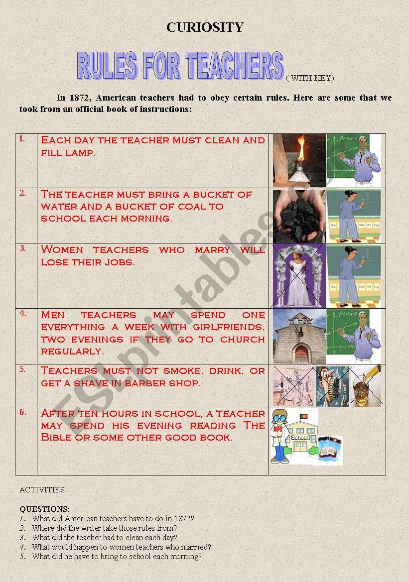 CURIOSITY - RULES FOR TEACHERS (WITH KEY ANSWER)