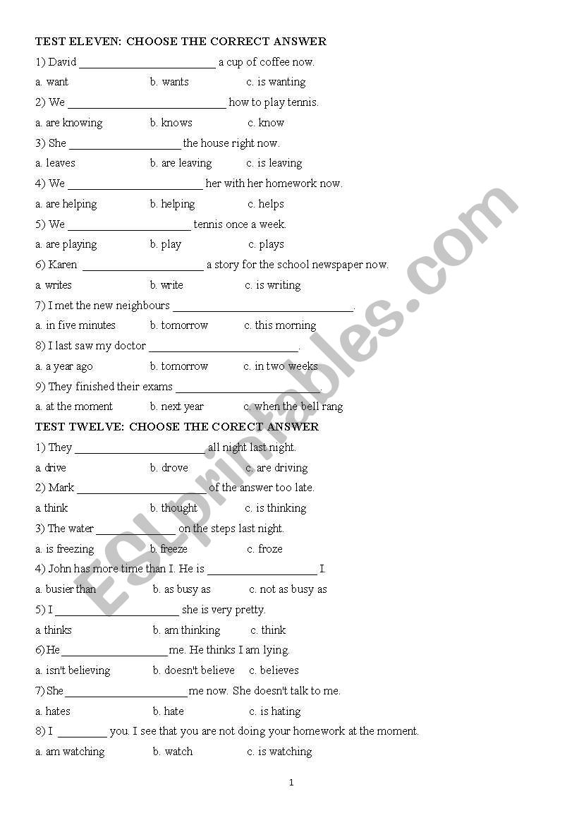 Tests Eleven to Fifteen worksheet