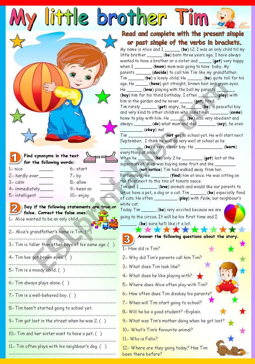 My Little Brother Tim Present Simple And Past Simple B W Version Key Included Esl Worksheet By Katiana