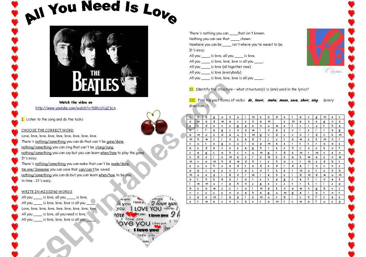THE BEATLES ALL YOU NEED IS LOVE song-based activity (fully editable, +answer key)