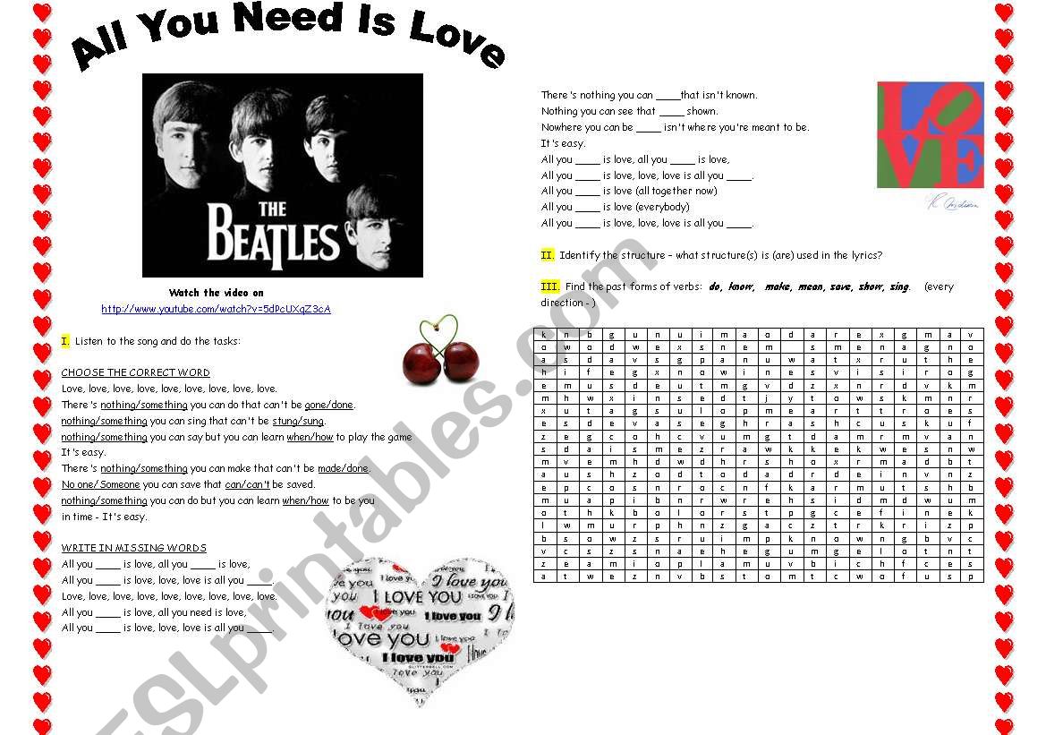 THE BEATLES ´ALL YOU NEED IS LOVE´ song-based activity (fully editable, +answer key)